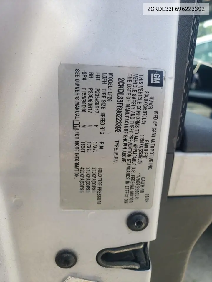 2009 Pontiac Torrent VIN: 2CKDL33F696223392 Lot: 58992525