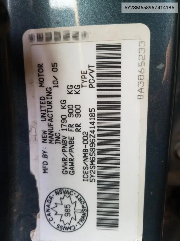 2006 Pontiac Vibe VIN: 5Y2SM65896Z414185 Lot: 49672935