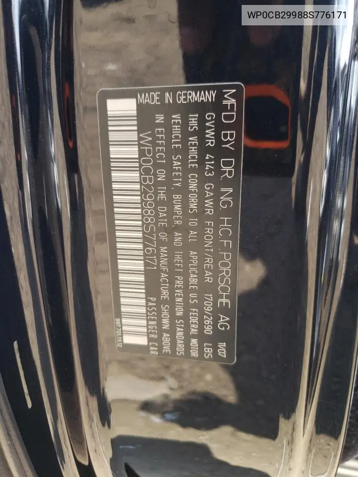 2008 Porsche 911 Carrera S Cabriolet VIN: WP0CB29988S776171 Lot: 60917655