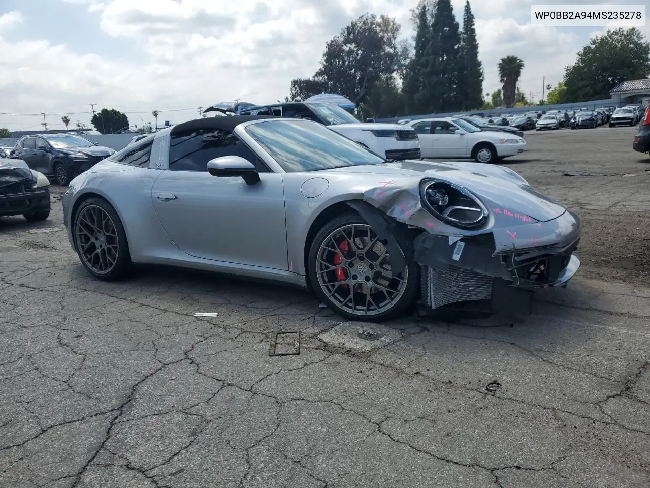 2021 Porsche 911 Targa 4S VIN: WP0BB2A94MS235278 Lot: 54200225