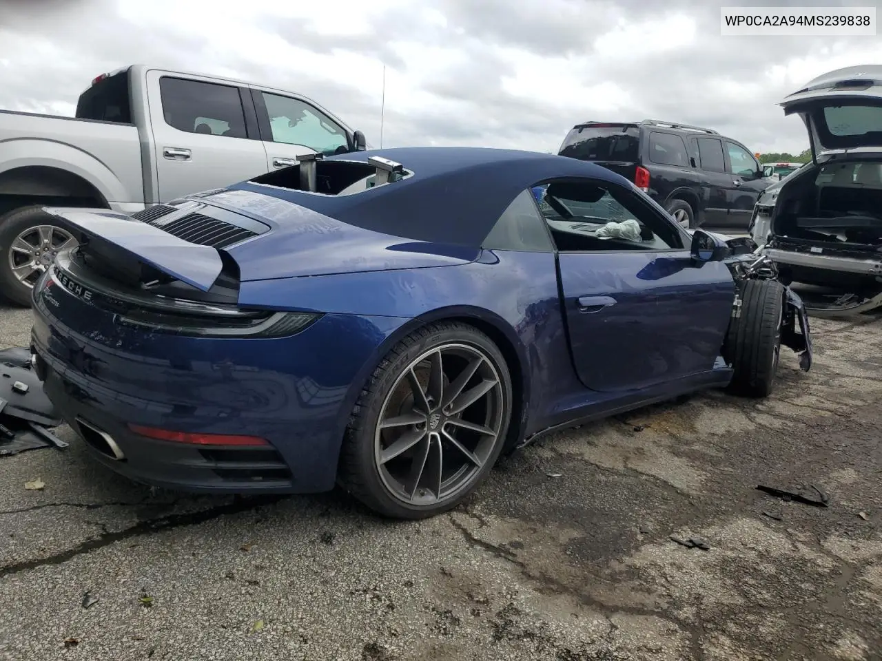 2021 Porsche 911 Carrera VIN: WP0CA2A94MS239838 Lot: 58815865