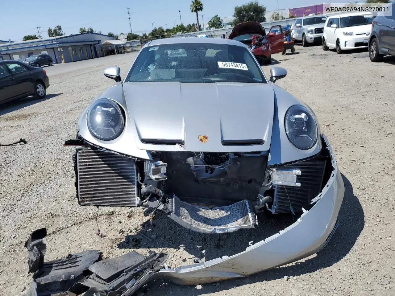 2022 Porsche 911 Gt3 VIN: WP0AC2A94NS270011 Lot: 59743415