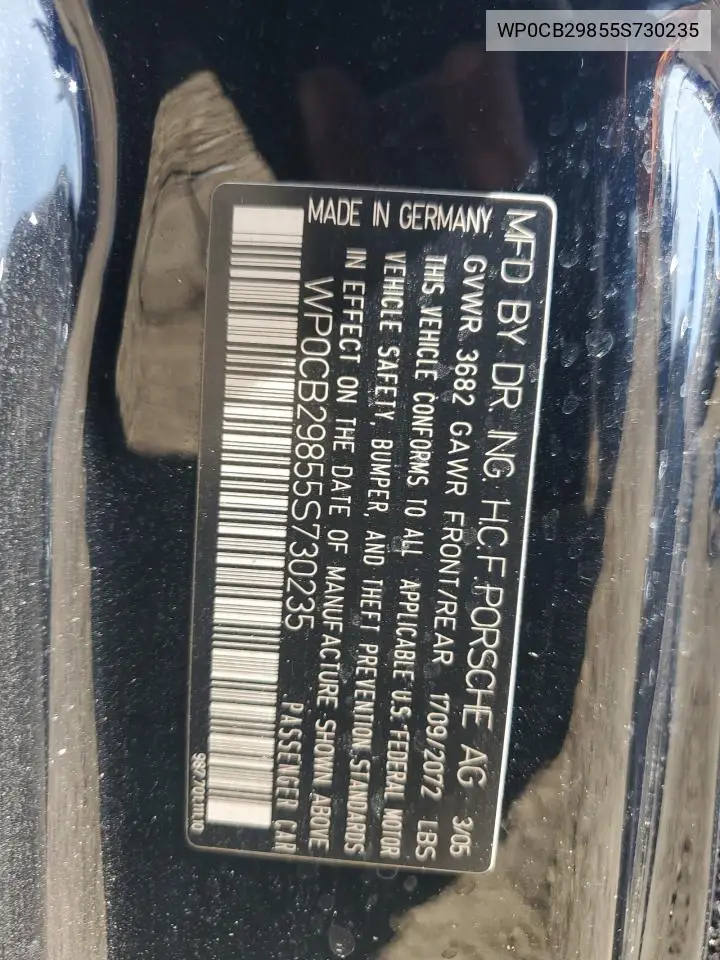 2005 Porsche Boxster S VIN: WP0CB29855S730235 Lot: 53207045