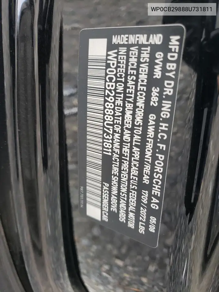 2008 Porsche Boxster S VIN: WP0CB29888U731811 Lot: 52995845