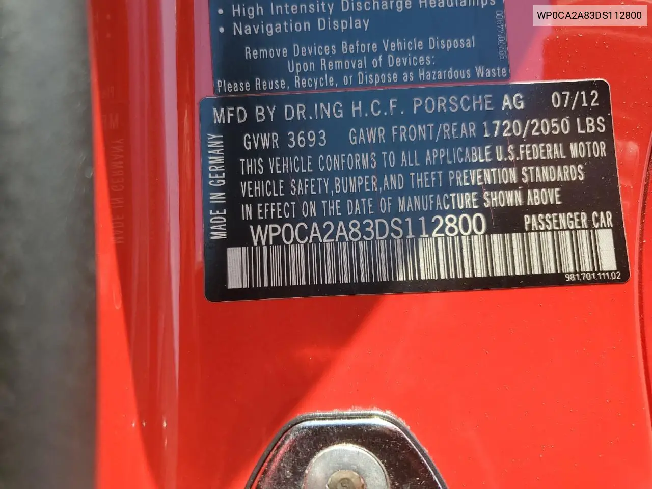 2013 Porsche Boxster VIN: WP0CA2A83DS112800 Lot: 61505485