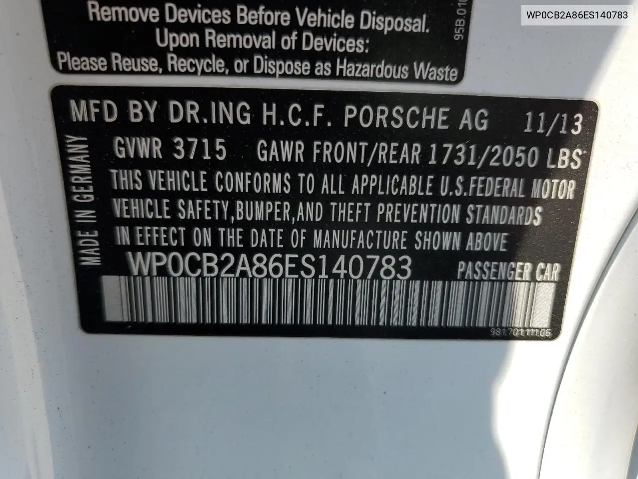 2014 Porsche Boxster S VIN: WP0CB2A86ES140783 Lot: 62143615