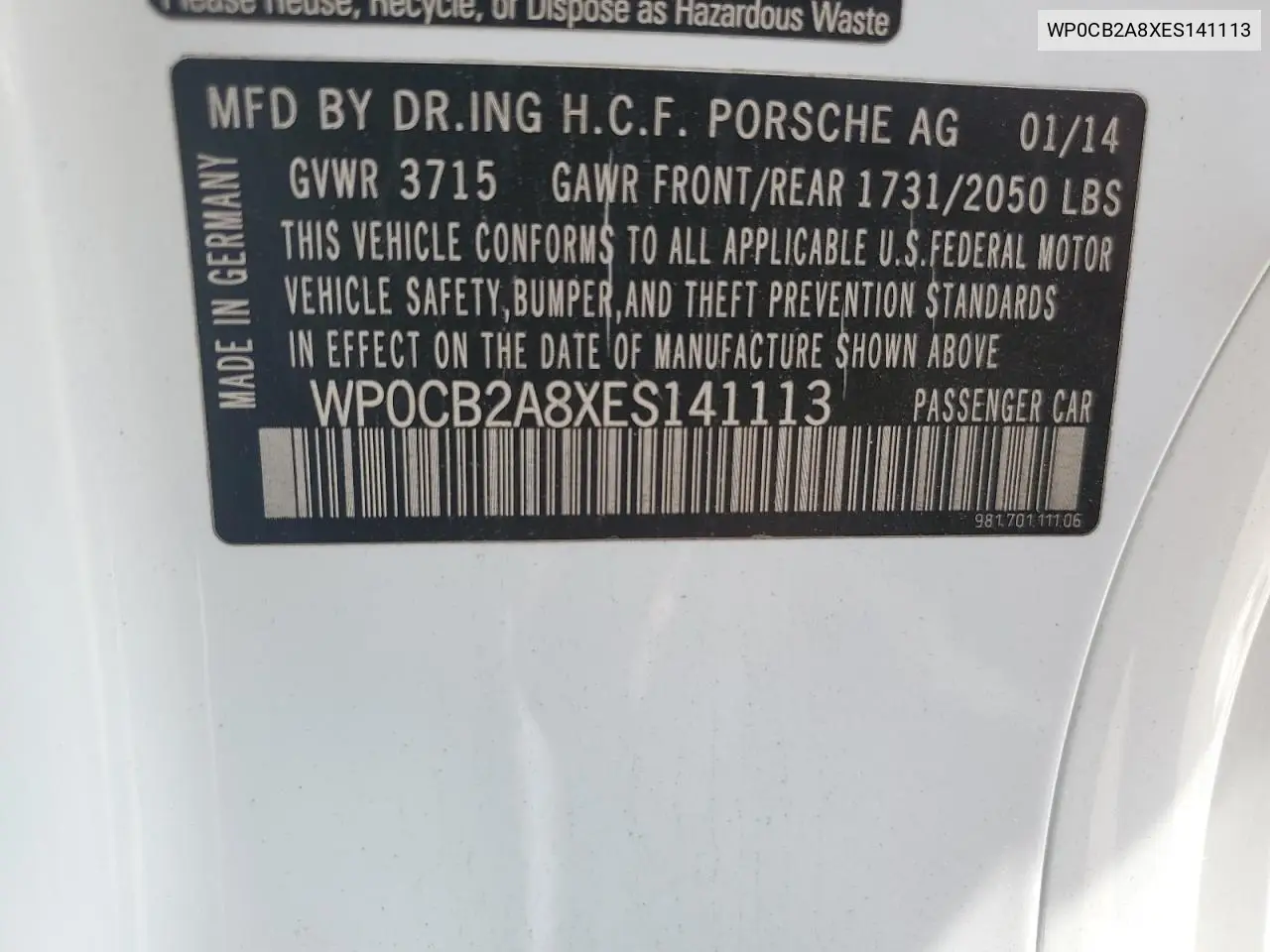 2014 Porsche Boxster S VIN: WP0CB2A8XES141113 Lot: 62924825
