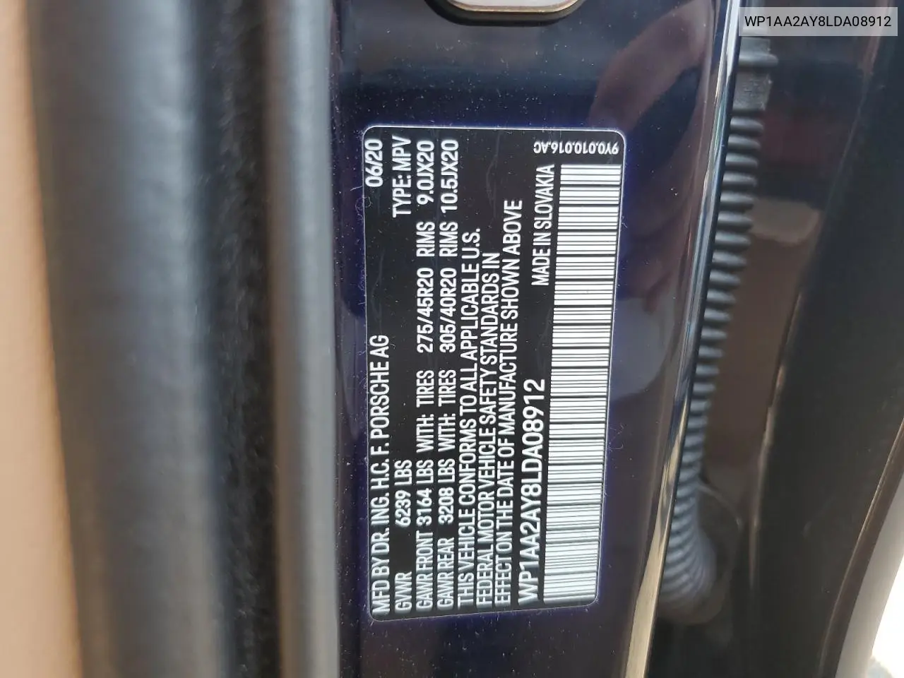 2020 Porsche Cayenne VIN: WP1AA2AY8LDA08912 Lot: 62266105