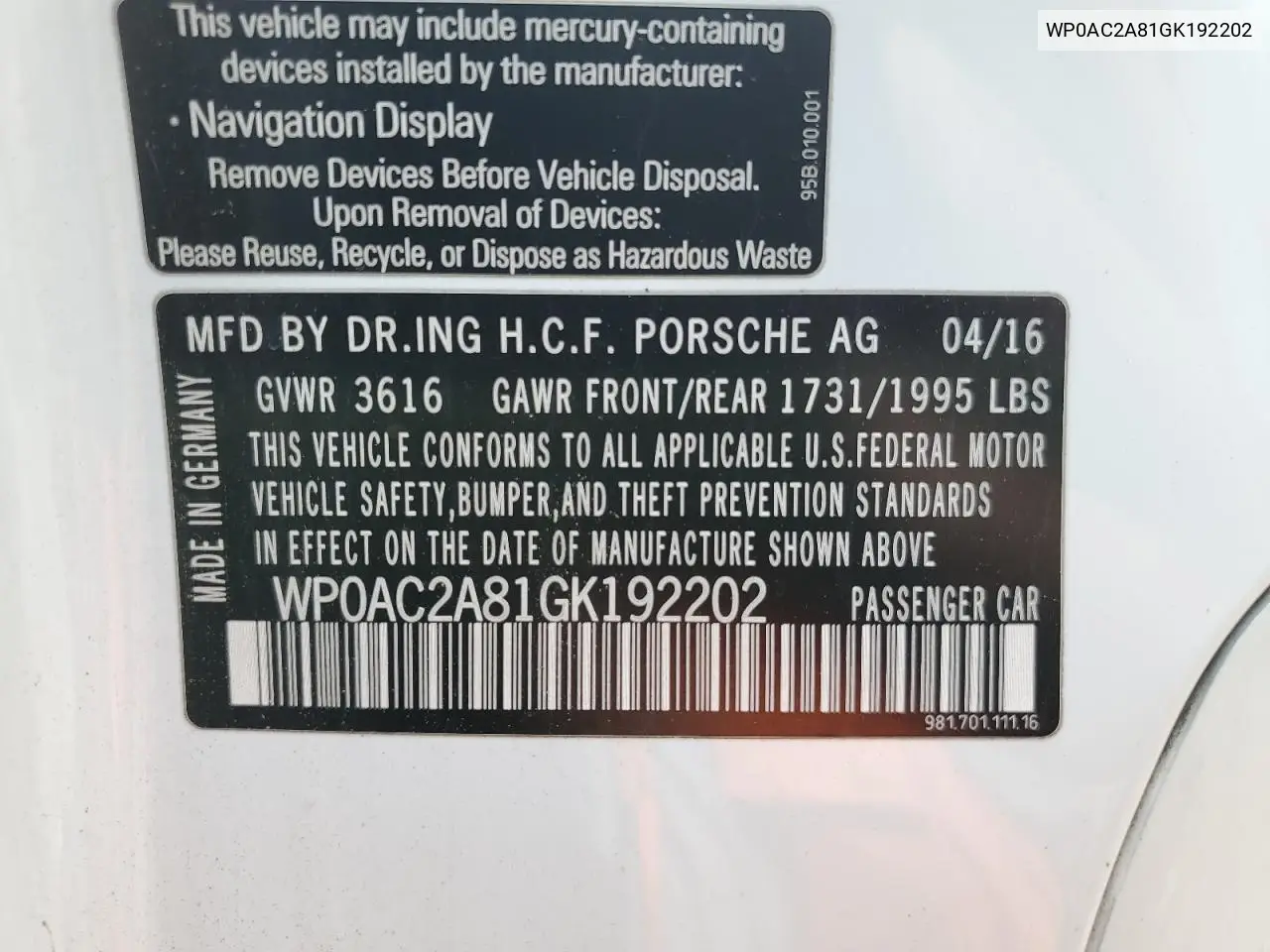 2016 Porsche Cayman Gt4 VIN: WP0AC2A81GK192202 Lot: 61072265