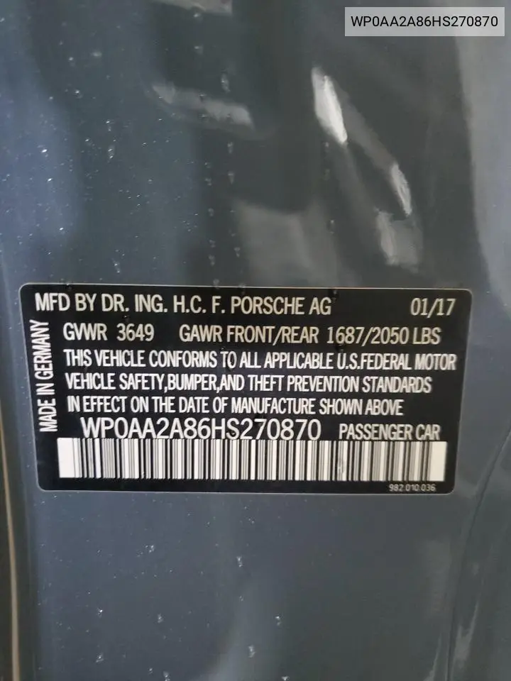 2017 Porsche Cayman VIN: WP0AA2A86HS270870 Lot: 62981095