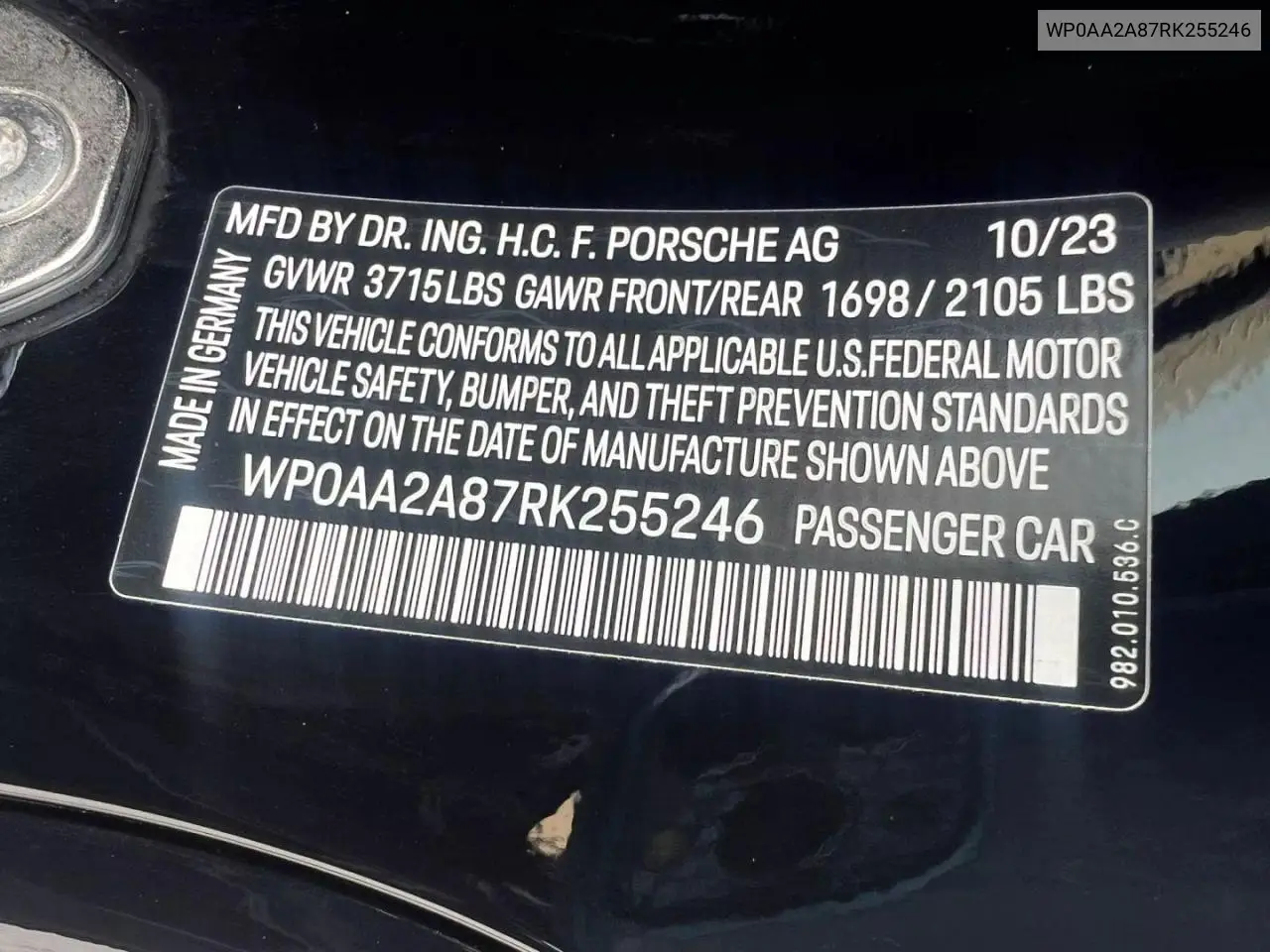 2024 Porsche Cayman Base VIN: WP0AA2A87RK255246 Lot: 53798415