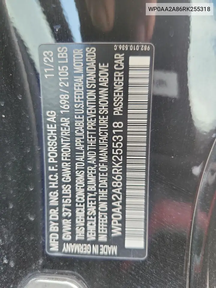 2024 Porsche Cayman Base VIN: WP0AA2A86RK255318 Lot: 63238215