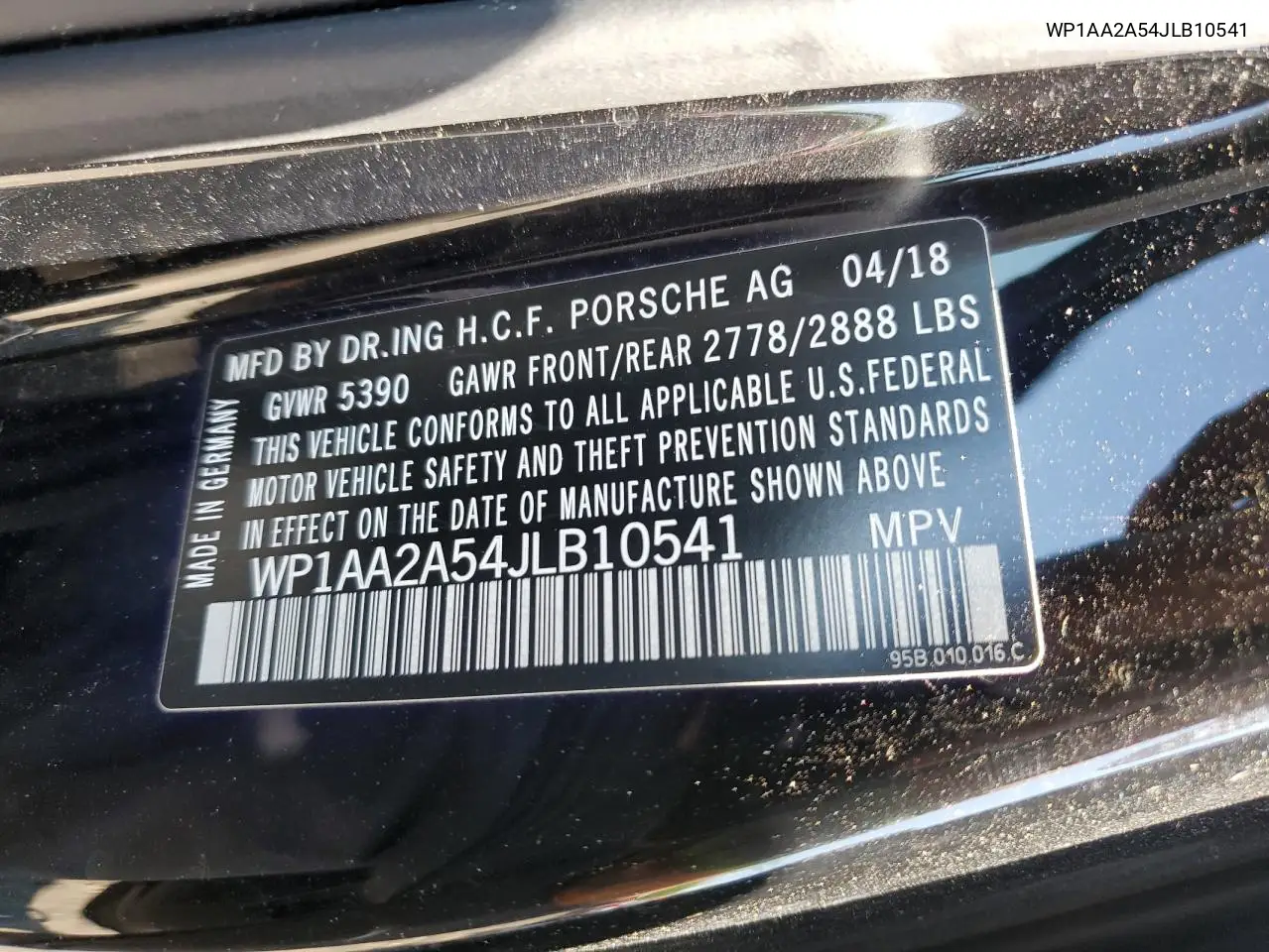 2018 Porsche Macan VIN: WP1AA2A54JLB10541 Lot: 56201405