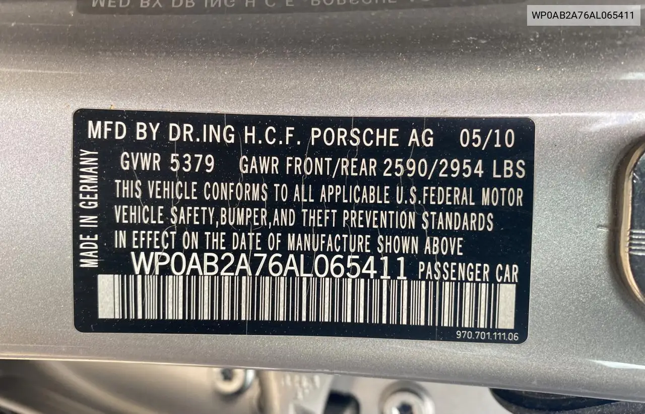 2010 Porsche Panamera S VIN: WP0AB2A76AL065411 Lot: 57122525