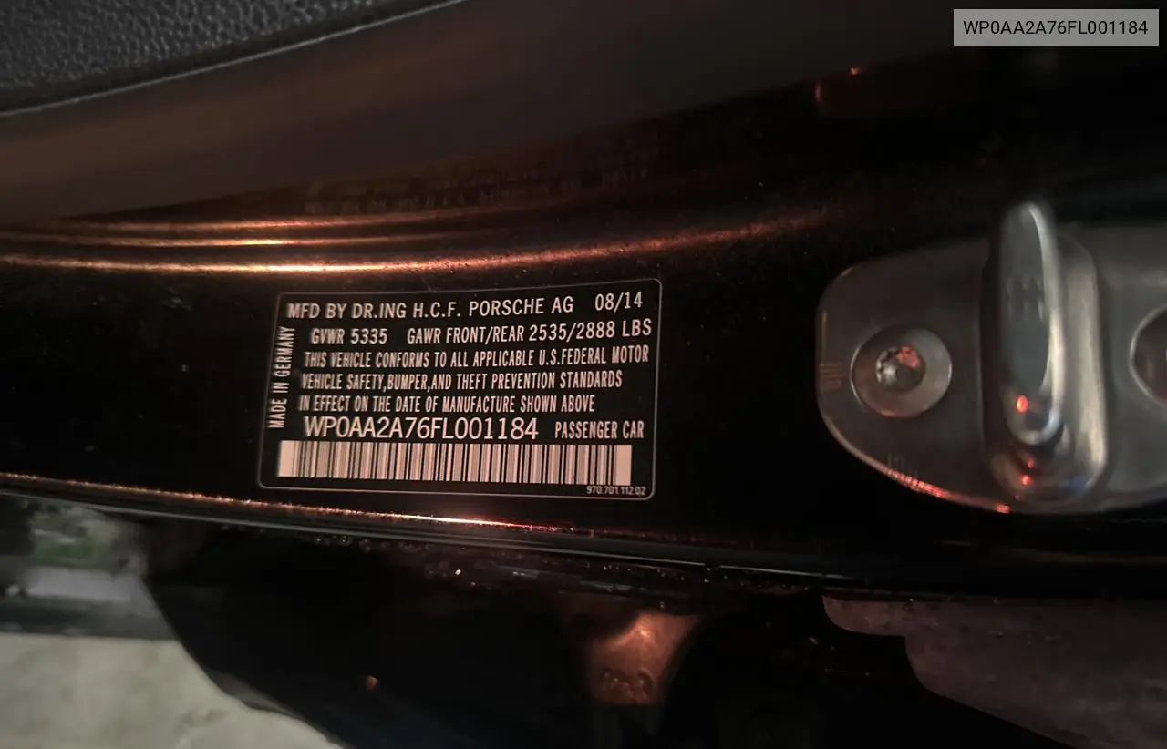 2015 Porsche Panamera 2 VIN: WP0AA2A76FL001184 Lot: 56736435
