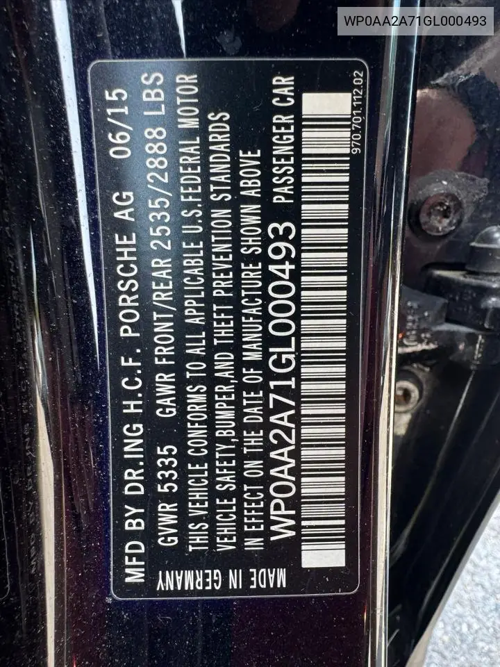 2016 Porsche Panamera 2 VIN: WP0AA2A71GL000493 Lot: 57187295