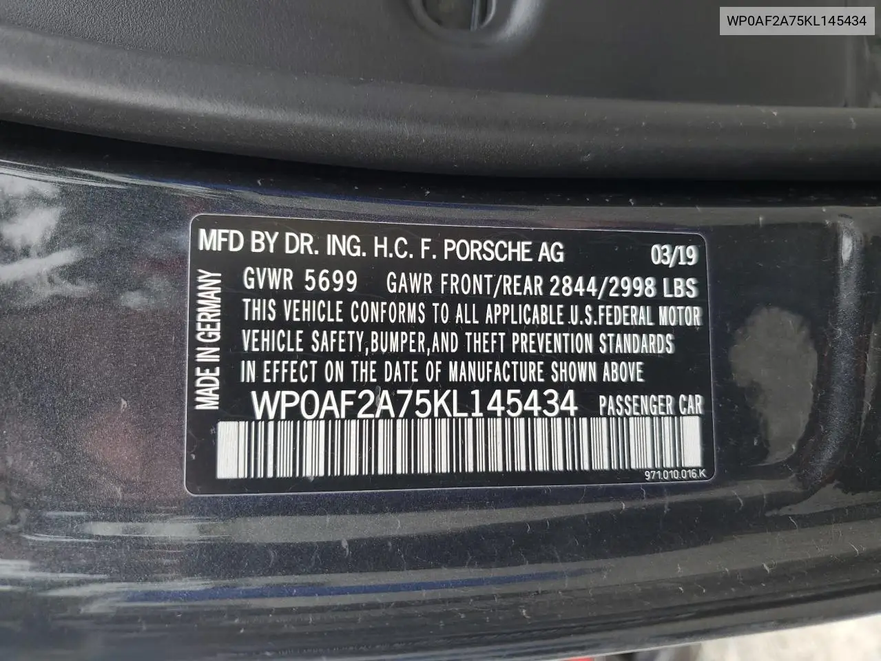 2019 Porsche Panamera Turbo VIN: WP0AF2A75KL145434 Lot: 62197705
