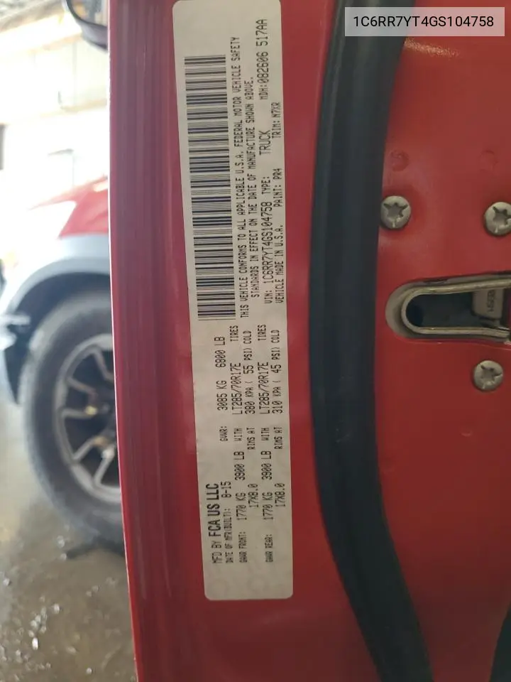 2016 Ram 1500 Rebel VIN: 1C6RR7YT4GS104758 Lot: 57092725