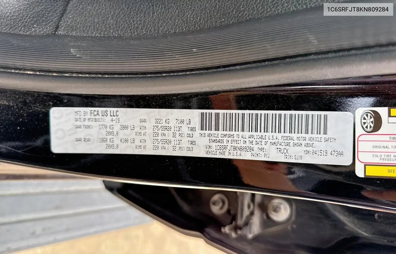 2019 Ram 1500 Laramie VIN: 1C6SRFJT8KN809284 Lot: 63910725