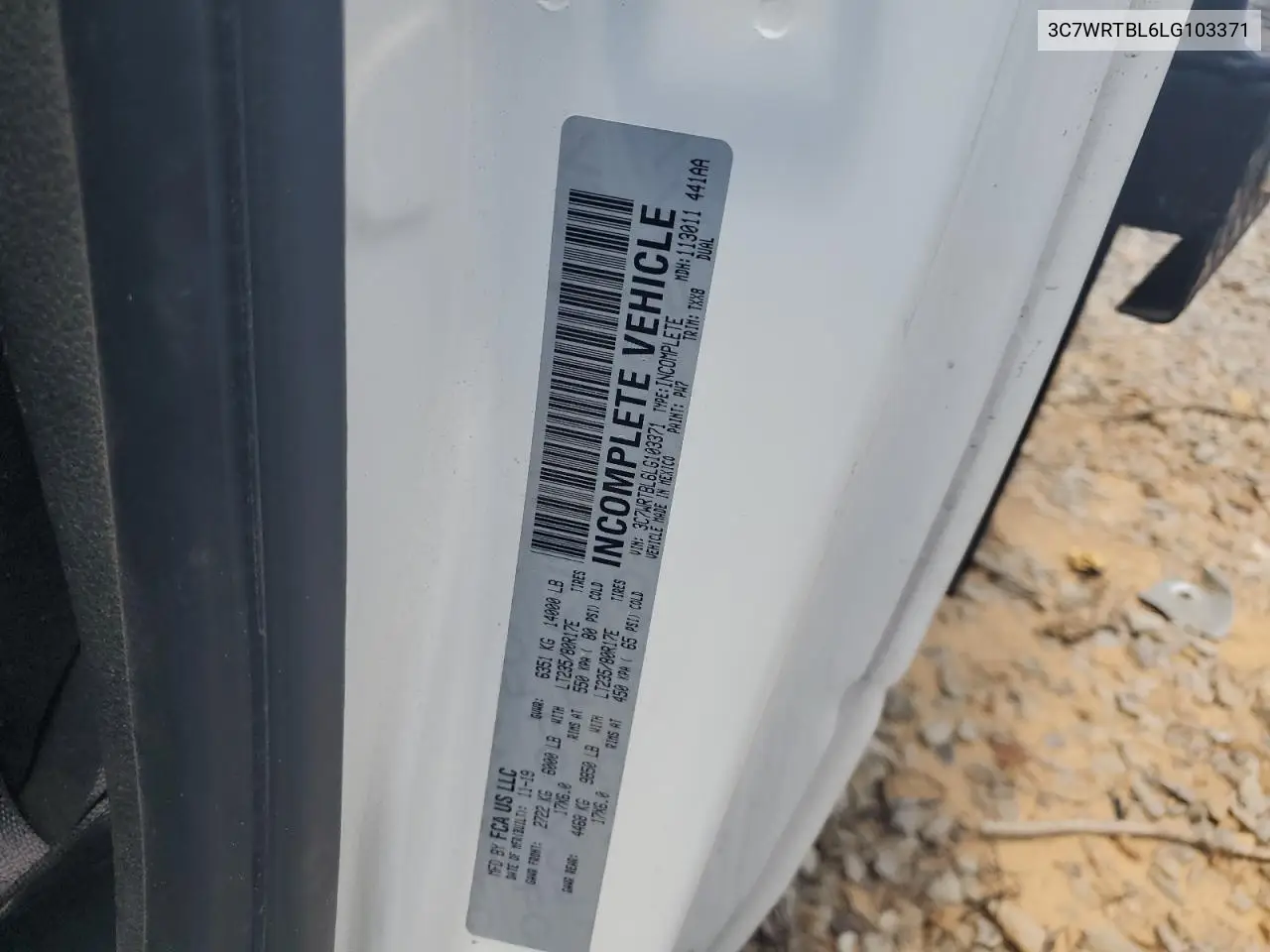 2020 Ram 3500 VIN: 3C7WRTBL6LG103371 Lot: 62677325