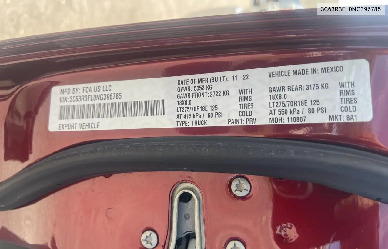 2022 Ram 3500 Longhorn VIN: 3C63R3FL0NG396785 Lot: 64108295