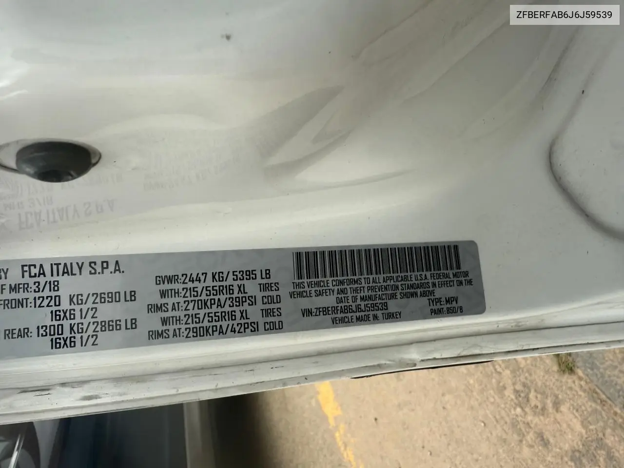2018 Ram Promaster City VIN: ZFBERFAB6J6J59539 Lot: 63807925