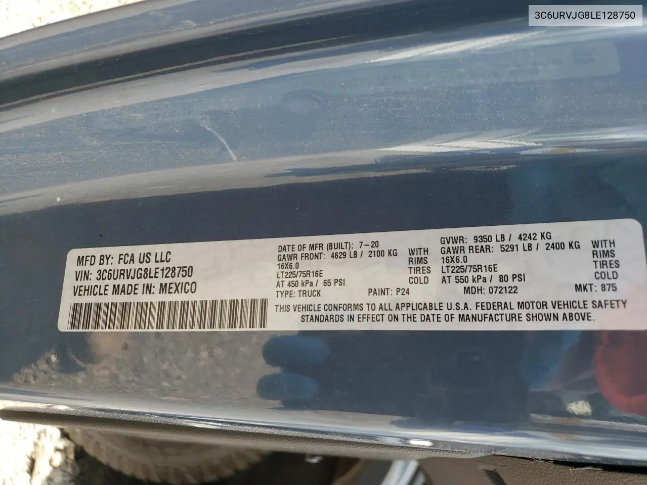 2020 Ram Promaster 3500 3500 High VIN: 3C6URVJG8LE128750 Lot: 61559675
