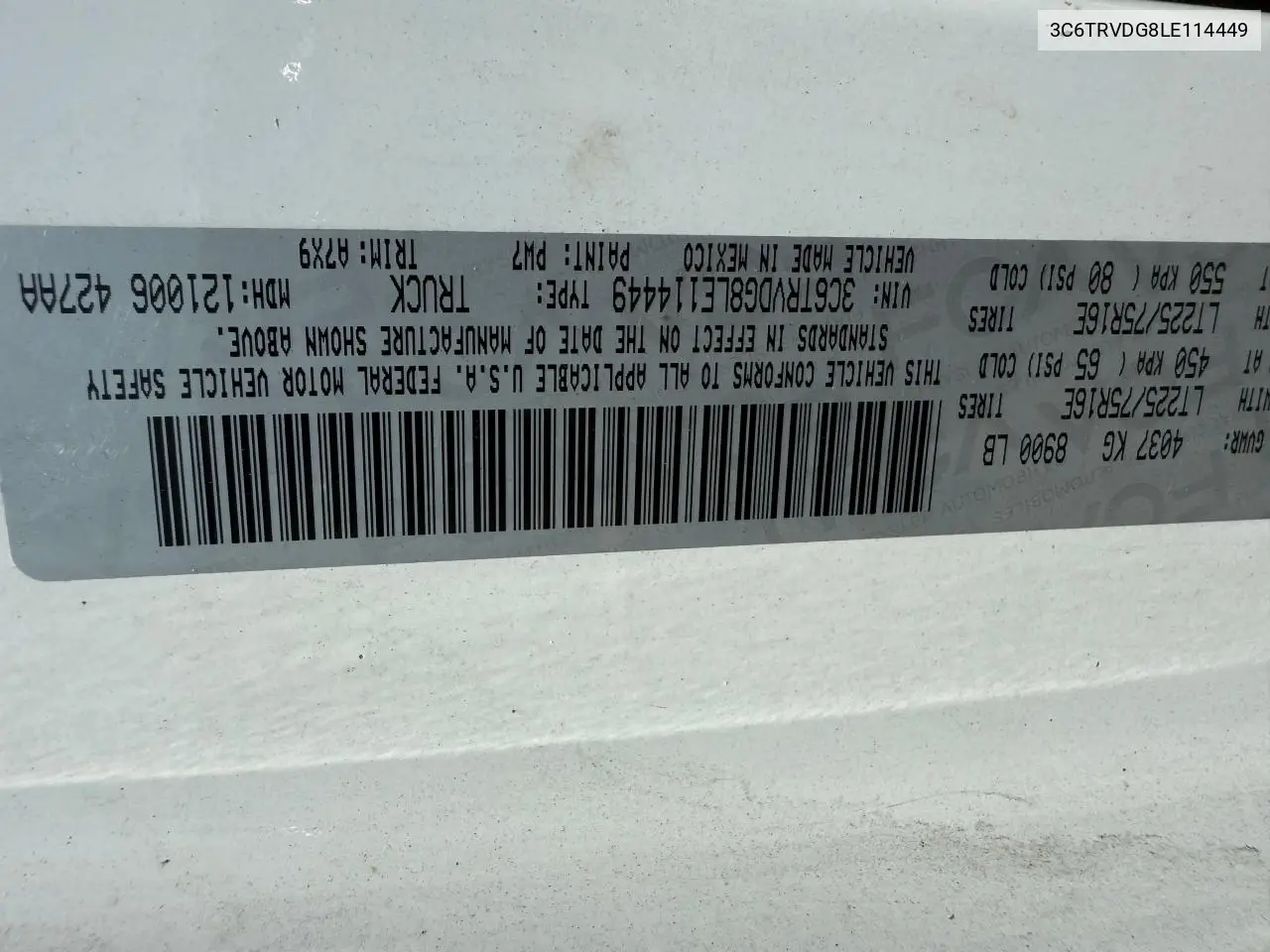 2020 Ram Promaster 2500 2500 High VIN: 3C6TRVDG8LE114449 Lot: 63688845