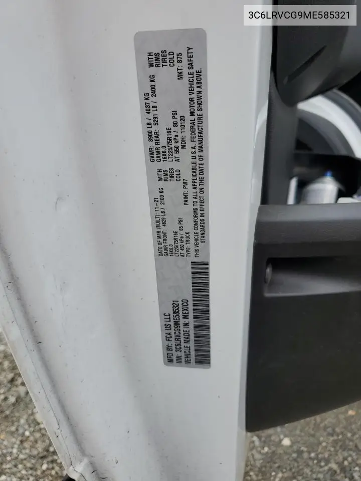 2021 Ram Promaster 2500 2500 High VIN: 3C6LRVCG9ME585321 Lot: 55658635