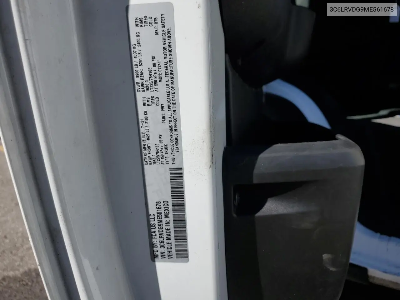 2021 Ram Promaster 2500 2500 High VIN: 3C6LRVDG9ME561678 Lot: 76862524