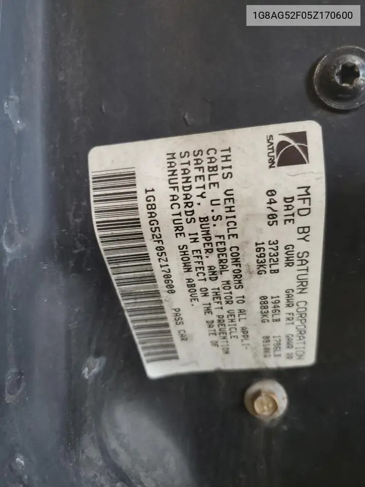 2005 Saturn Ion Level 1 VIN: 1G8AG52F05Z170600 Lot: 60957575