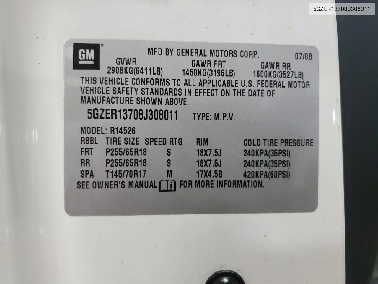 2008 Saturn Outlook Xe VIN: 5GZER13708J308011 Lot: 56407555