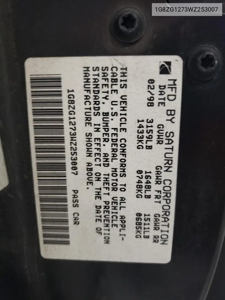 1998 Saturn Sc2 VIN: 1G8ZG1273WZ253007 Lot: 62127235