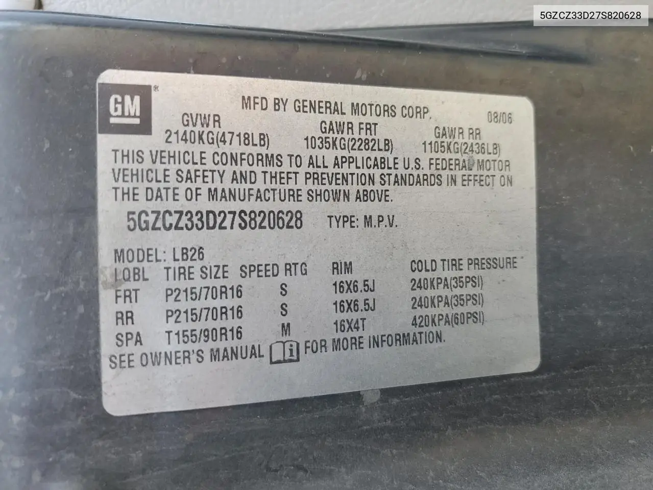 2007 Saturn Vue VIN: 5GZCZ33D27S820628 Lot: 65666355