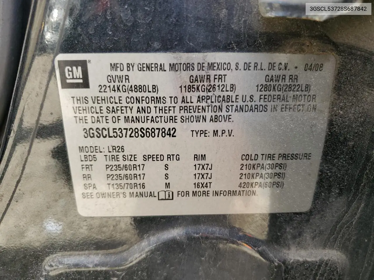 2008 Saturn Vue Xr VIN: 3GSCL53728S687842 Lot: 57445505