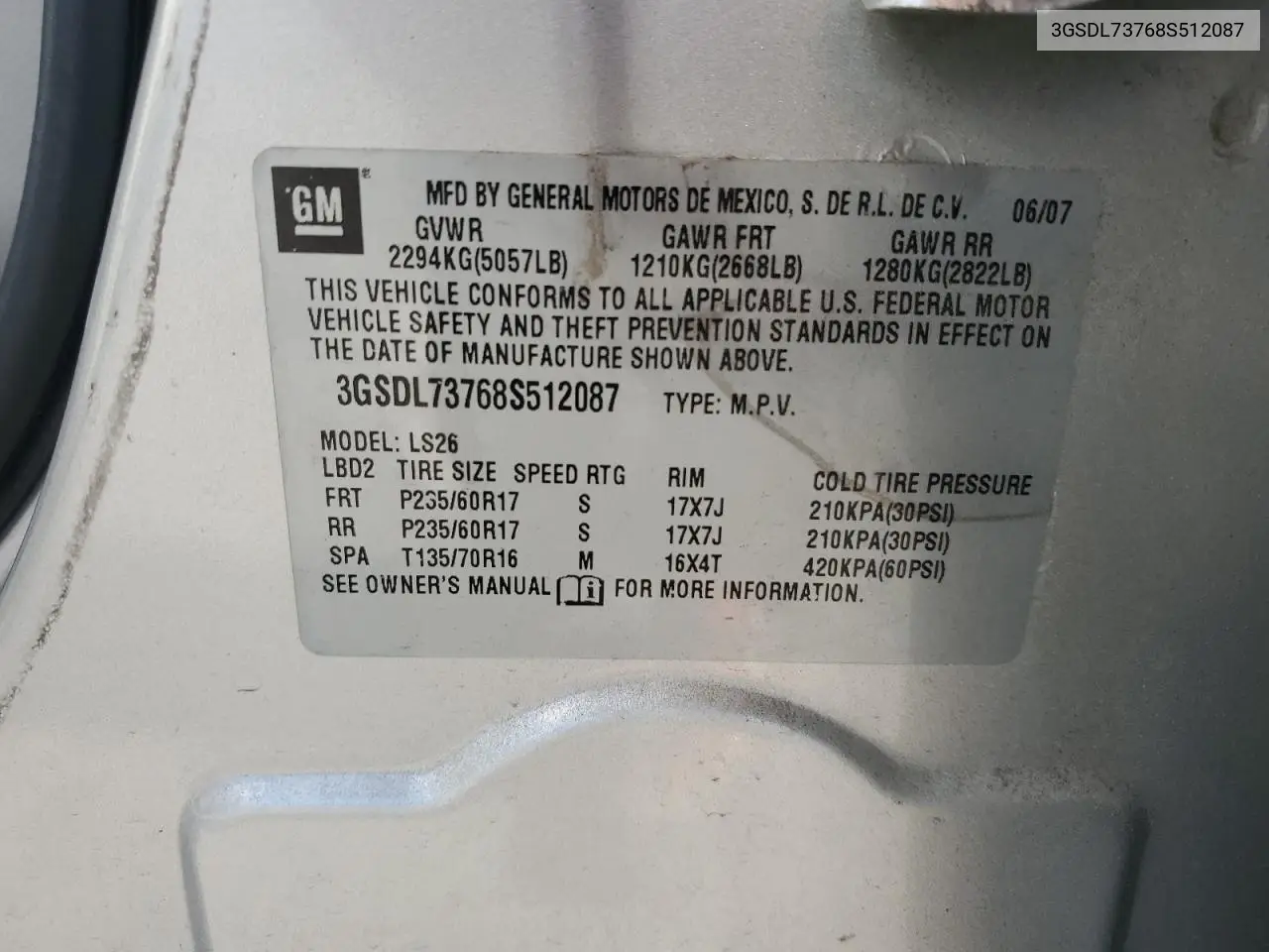 2008 Saturn Vue Xr VIN: 3GSDL73768S512087 Lot: 57958945