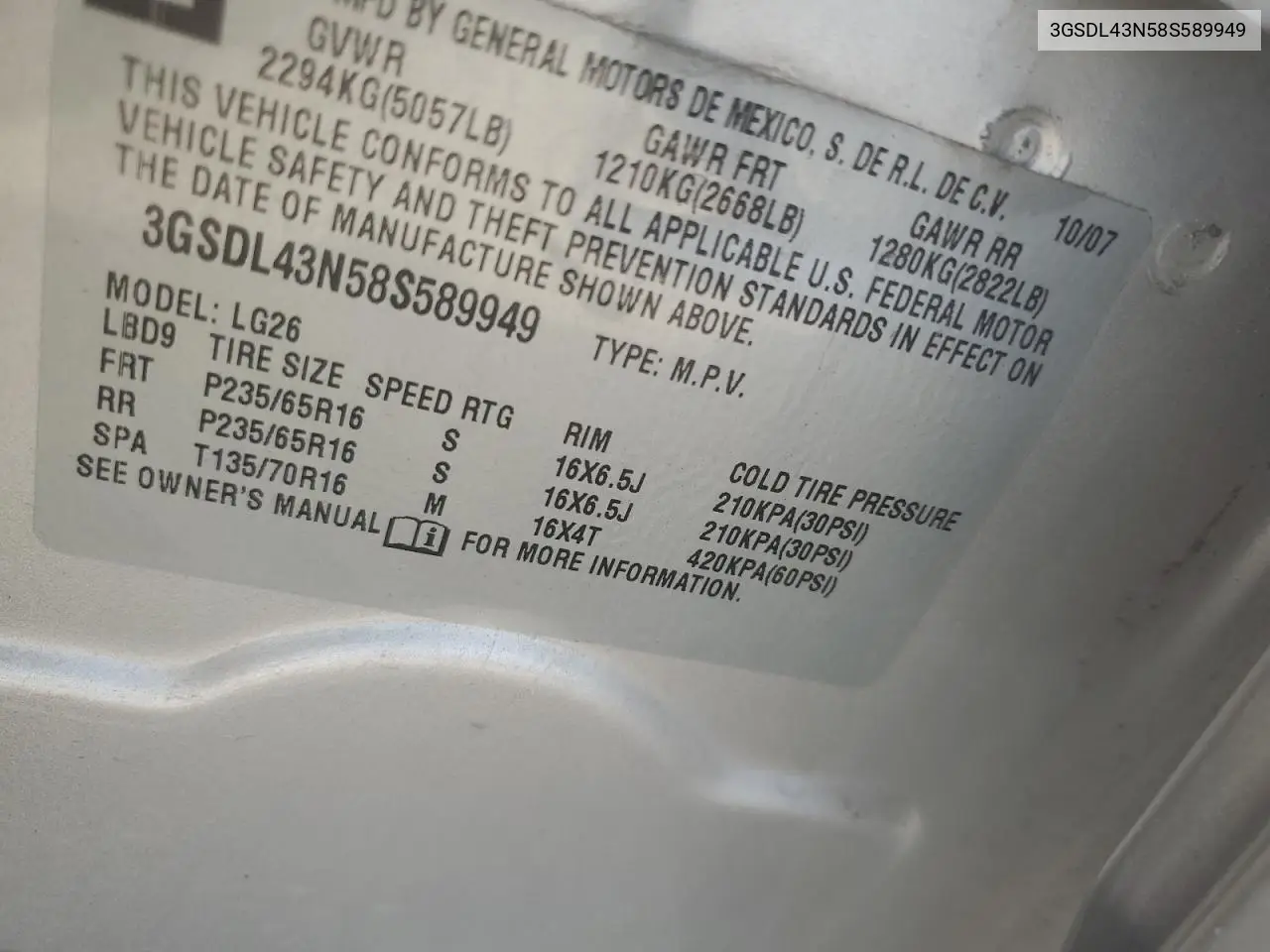 2008 Saturn Vue Xe VIN: 3GSDL43N58S589949 Lot: 65129485