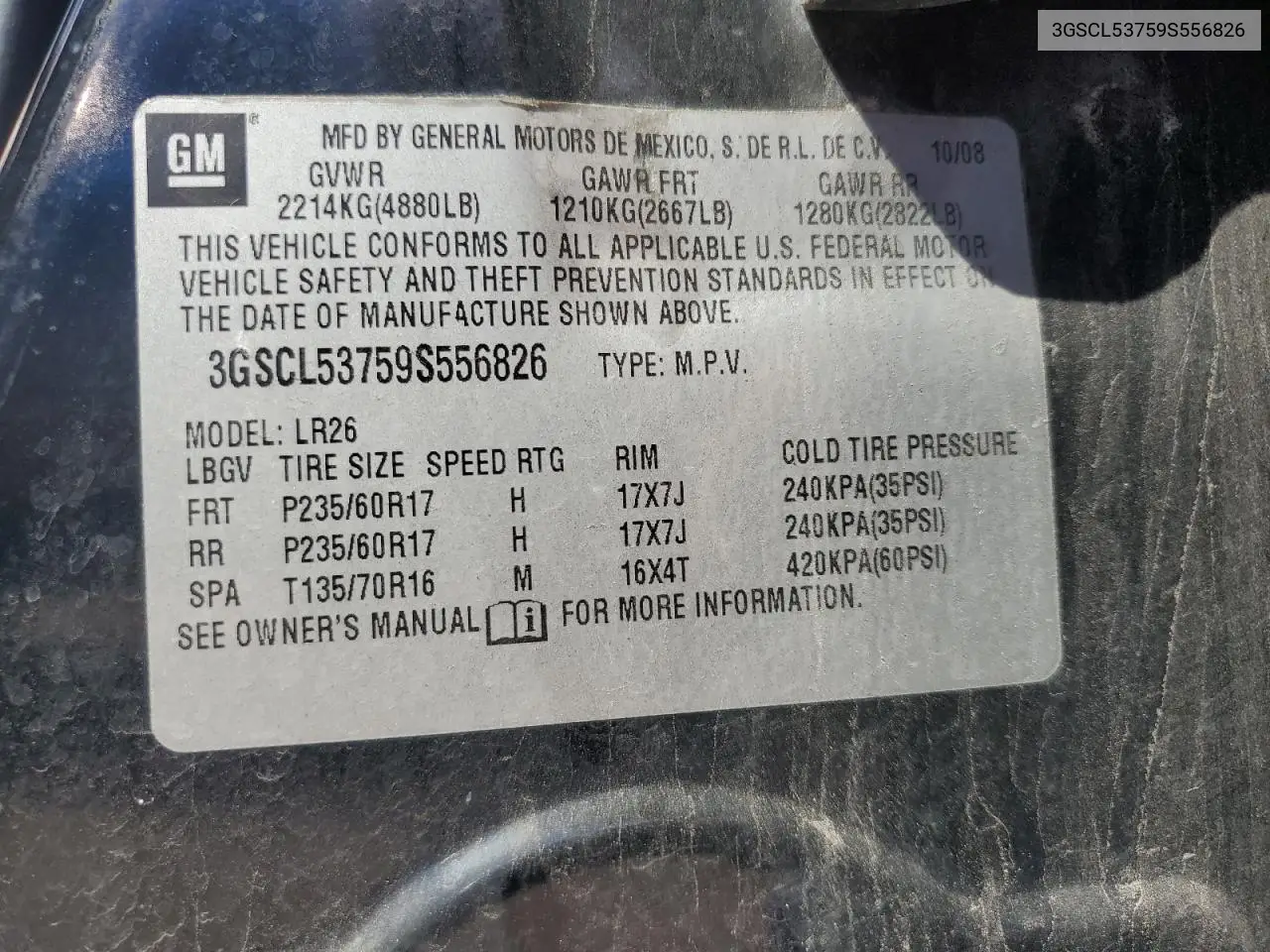 2009 Saturn Vue Xr VIN: 3GSCL53759S556826 Lot: 65198405