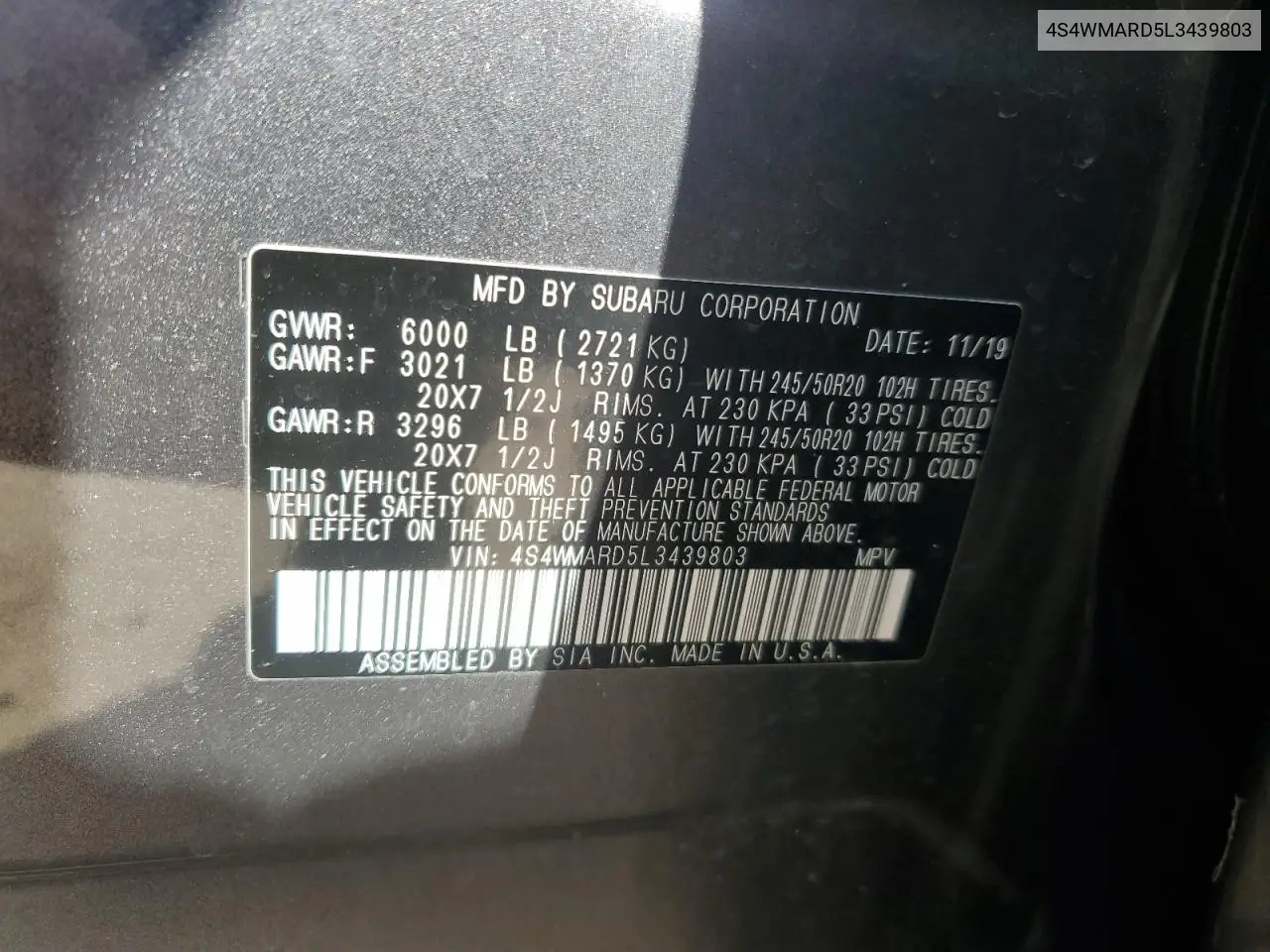 2020 Subaru Ascent Touring VIN: 4S4WMARD5L3439803 Lot: 56249215