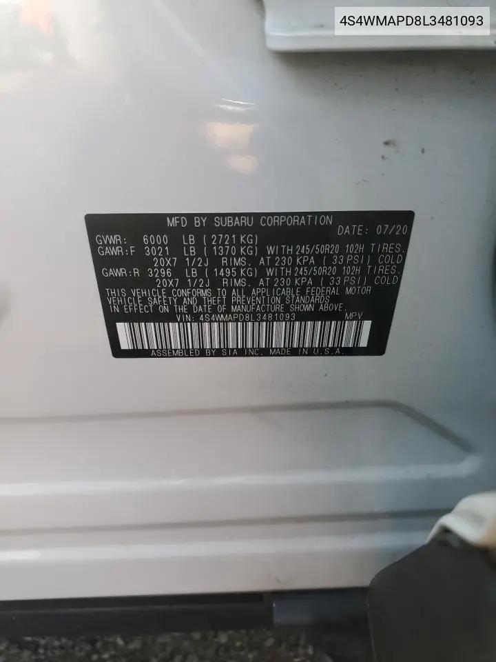 2020 Subaru Ascent Limited VIN: 4S4WMAPD8L3481093 Lot: 61719745