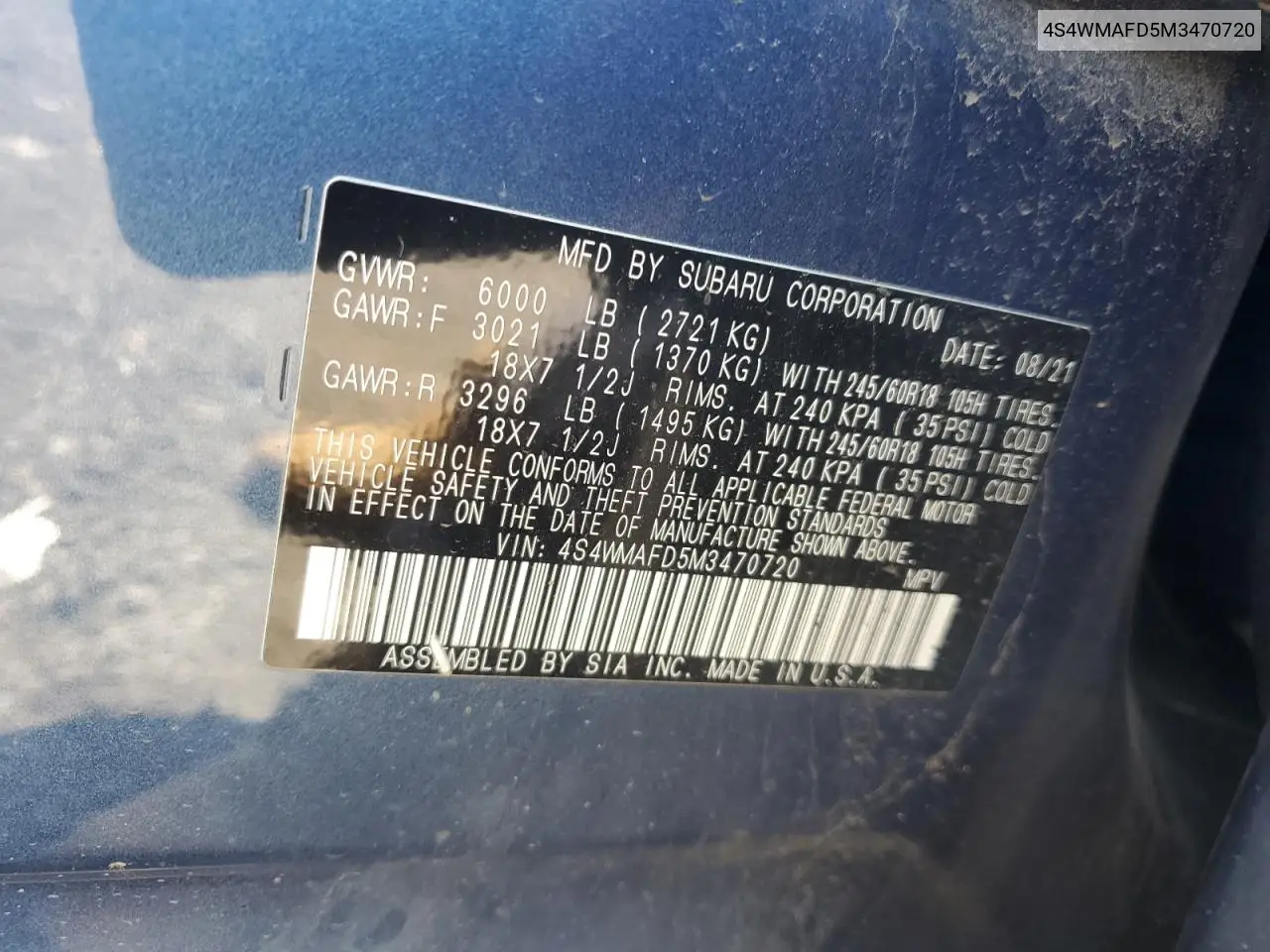 2021 Subaru Ascent Premium VIN: 4S4WMAFD5M3470720 Lot: 55975325
