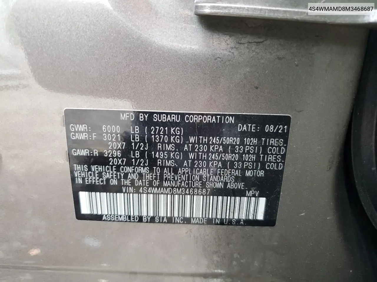 2021 Subaru Ascent Limited VIN: 4S4WMAMD8M3468687 Lot: 63037195