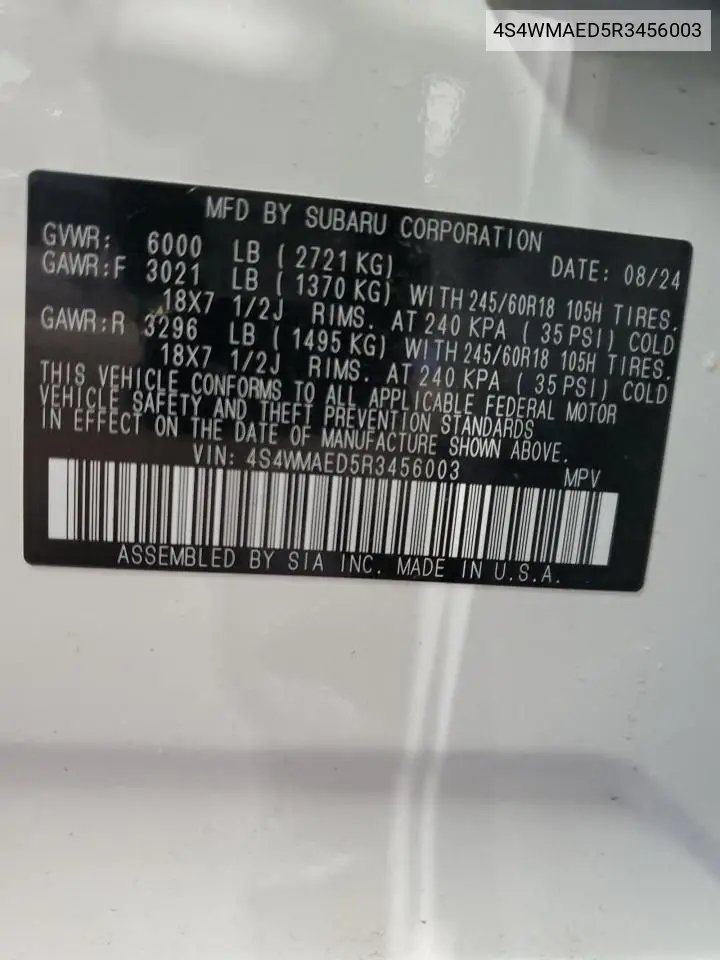 2024 Subaru Ascent Premium VIN: 4S4WMAED5R3456003 Lot: 62836145