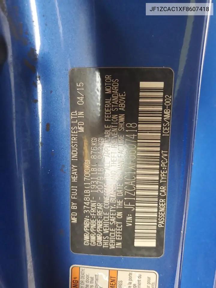 2015 Subaru Brz 2.0 Limited VIN: JF1ZCAC1XF8607418 Lot: 71618014