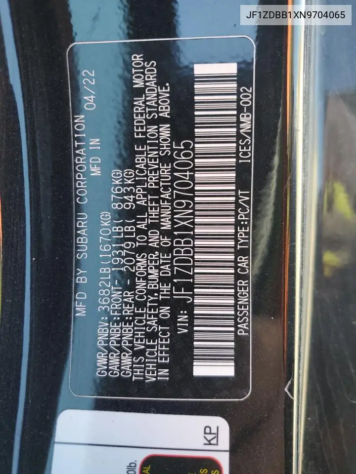 2022 Subaru Brz Premium VIN: JF1ZDBB1XN9704065 Lot: 54894095