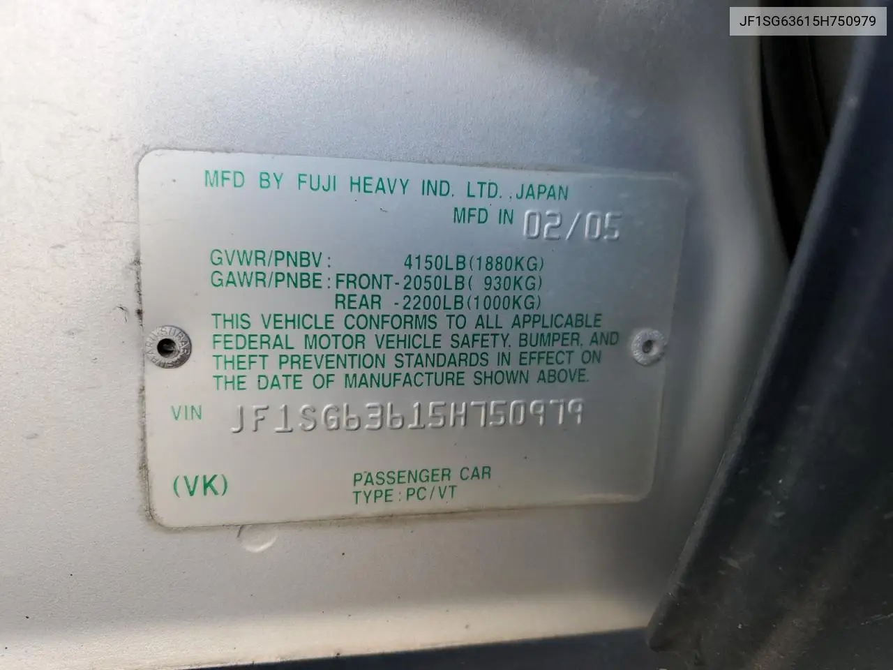 2005 Subaru Forester 2.5X VIN: JF1SG63615H750979 Lot: 54097365
