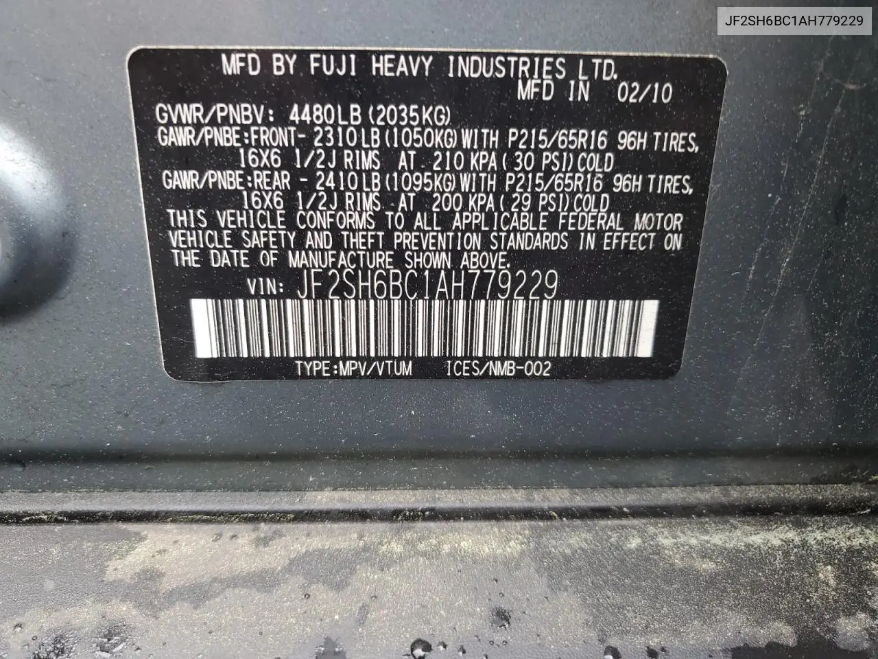 2010 Subaru Forester Xs VIN: JF2SH6BC1AH779229 Lot: 56800025