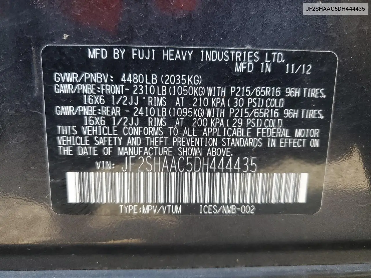 2013 Subaru Forester 2.5X VIN: JF2SHAAC5DH444435 Lot: 62591245