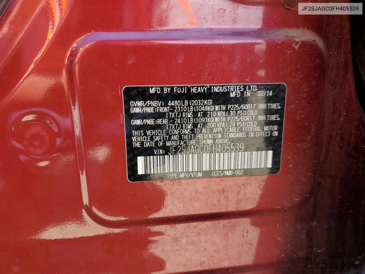 2015 Subaru Forester 2.5I Premium VIN: JF2SJAGC0FH405539 Lot: 56606655