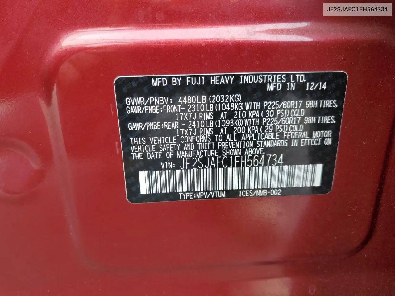 2015 Subaru Forester 2.5I Premium VIN: JF2SJAFC1FH564734 Lot: 62709035
